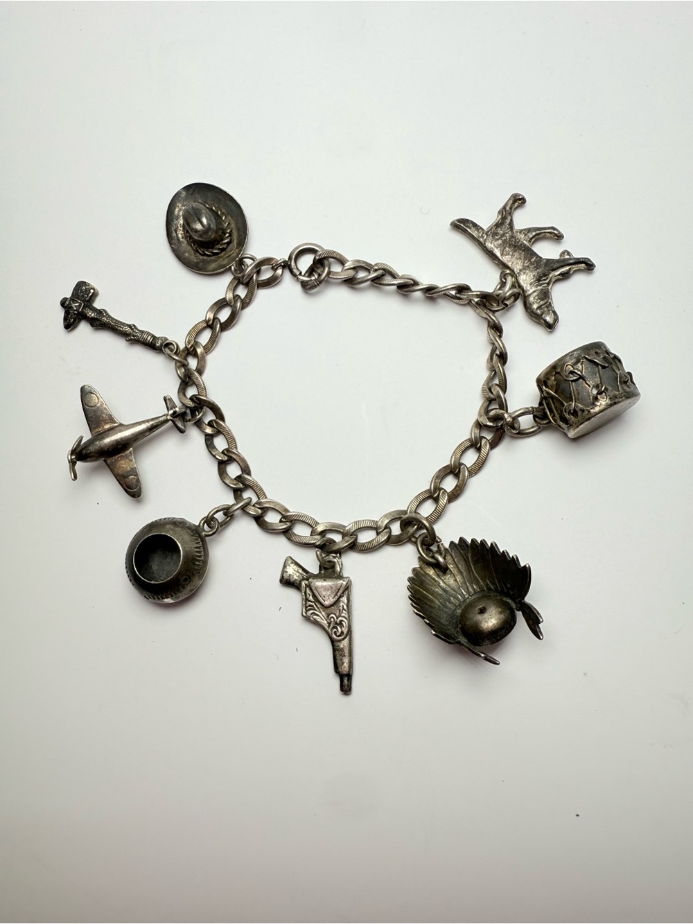 Sterling Silver Western Charm Bracelet with Hat, Plane & Gun Charms 7” - Picture 3 of 13